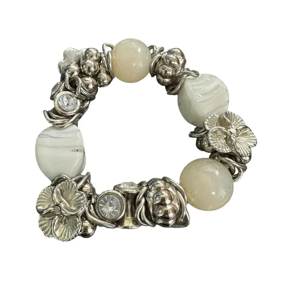 Vintage 90s Silver Tone And Glass Stone Chunky Stretch Bracelet